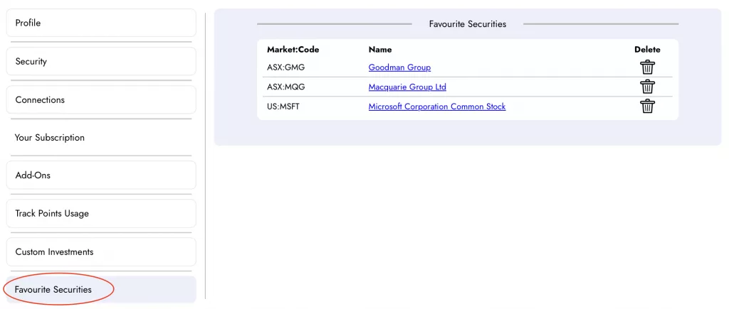 Example of Favourite Securities list in My Account section of Diversiview 